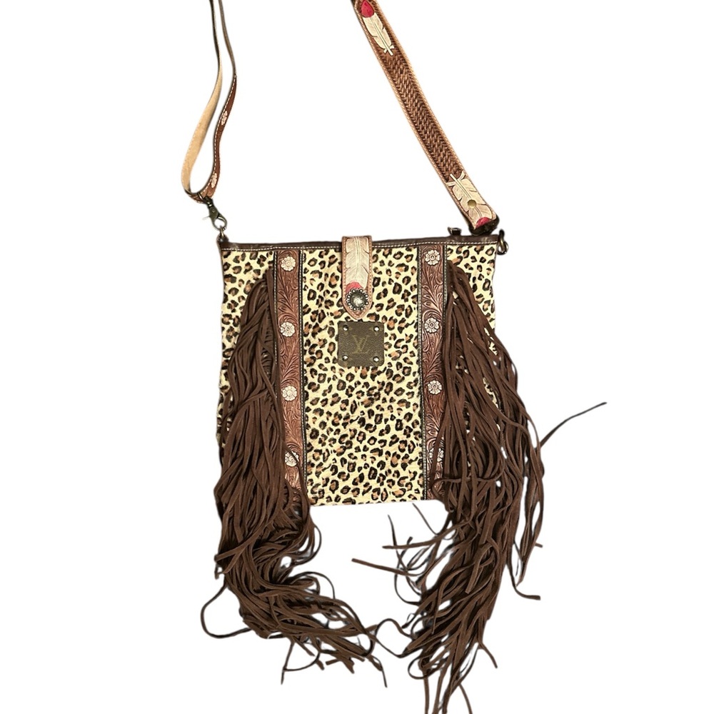 MYRAusa brand Leopard Print Fringe Crossbody Bag custom patchwork LV